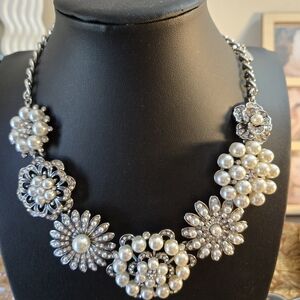 Pearl & Crystal Floral Statement Necklace - Silver Tone